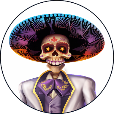 Team avatar of a skeleton with a big hat in black and purple dressed in a grey suit